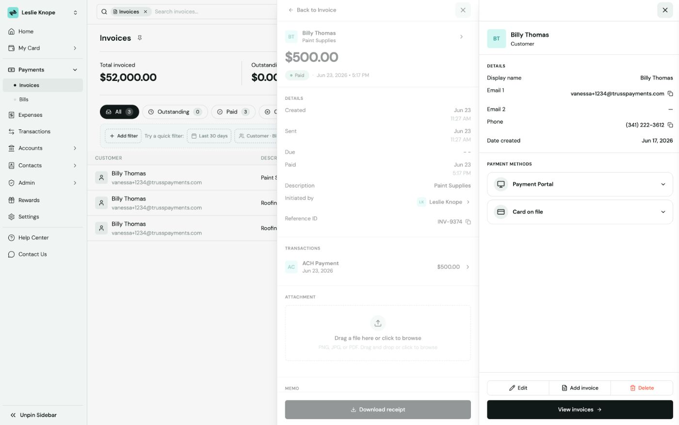 Truss app invoice detail panel for a paid Paint Supplies invoice next to the customer contact panel showing the email address the invoice was sent to
