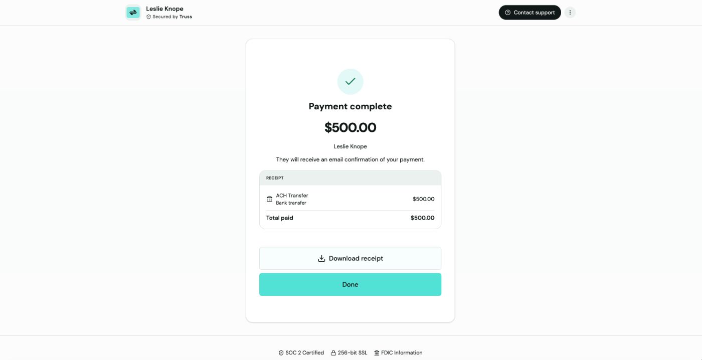 Payment complete confirmation showing a green checkmark, the $500.00 amount paid, an ACH Transfer receipt, and Download receipt and Done buttons
