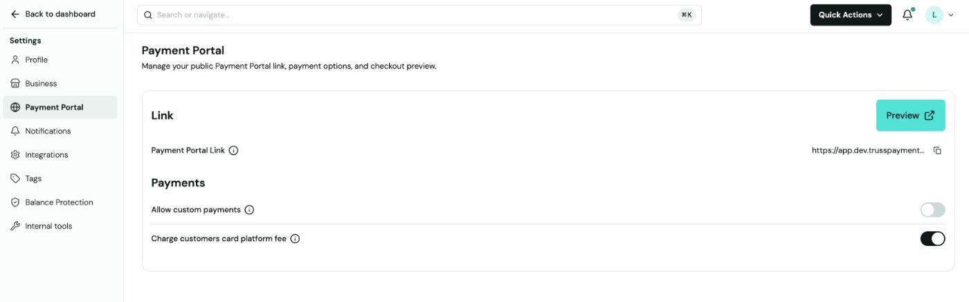 Payment Portal settings page showing the Link section with the portal URL and Preview button, plus the Payments section with Allow custom payments off and the platform fee toggle on