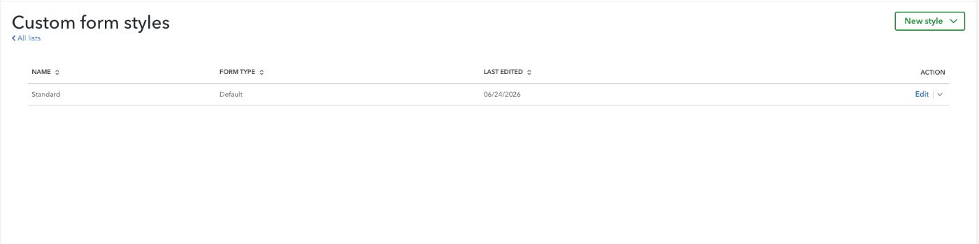 Lista de Custom form styles que muestra la fila de la plantilla Standard Default con la accion Edit a la derecha