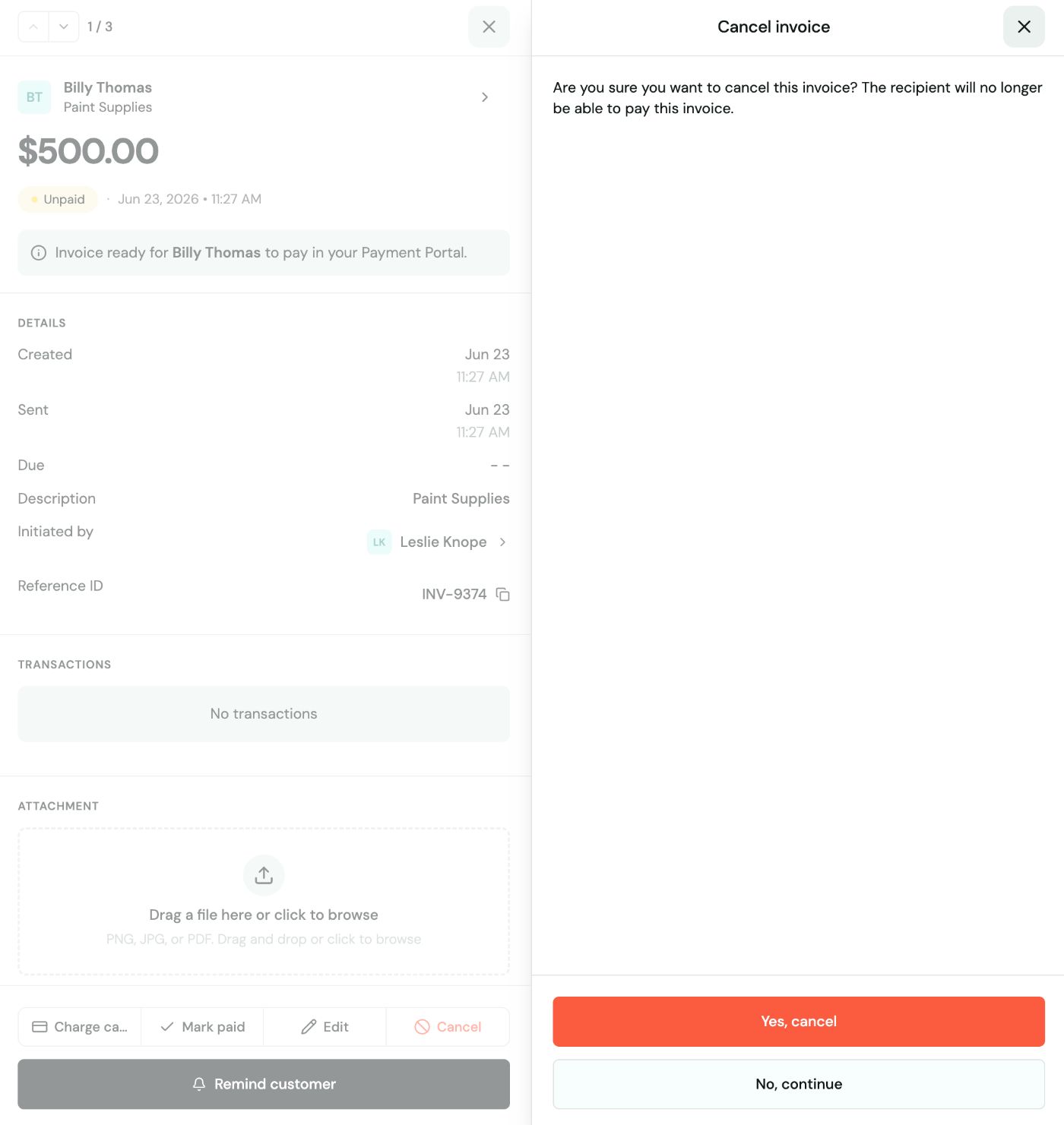 Panel de confirmacion Cancel invoice advirtiendo que el destinatario ya no podra pagar, con los botones Yes, cancel y No, continue