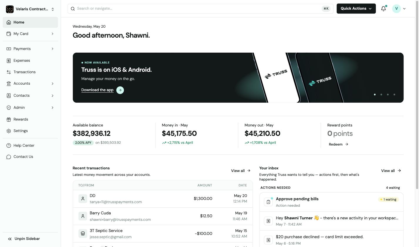 Panel de Truss Payments que muestra un saldo de $382,936.12, transacciones recientes y notificaciones del buzón