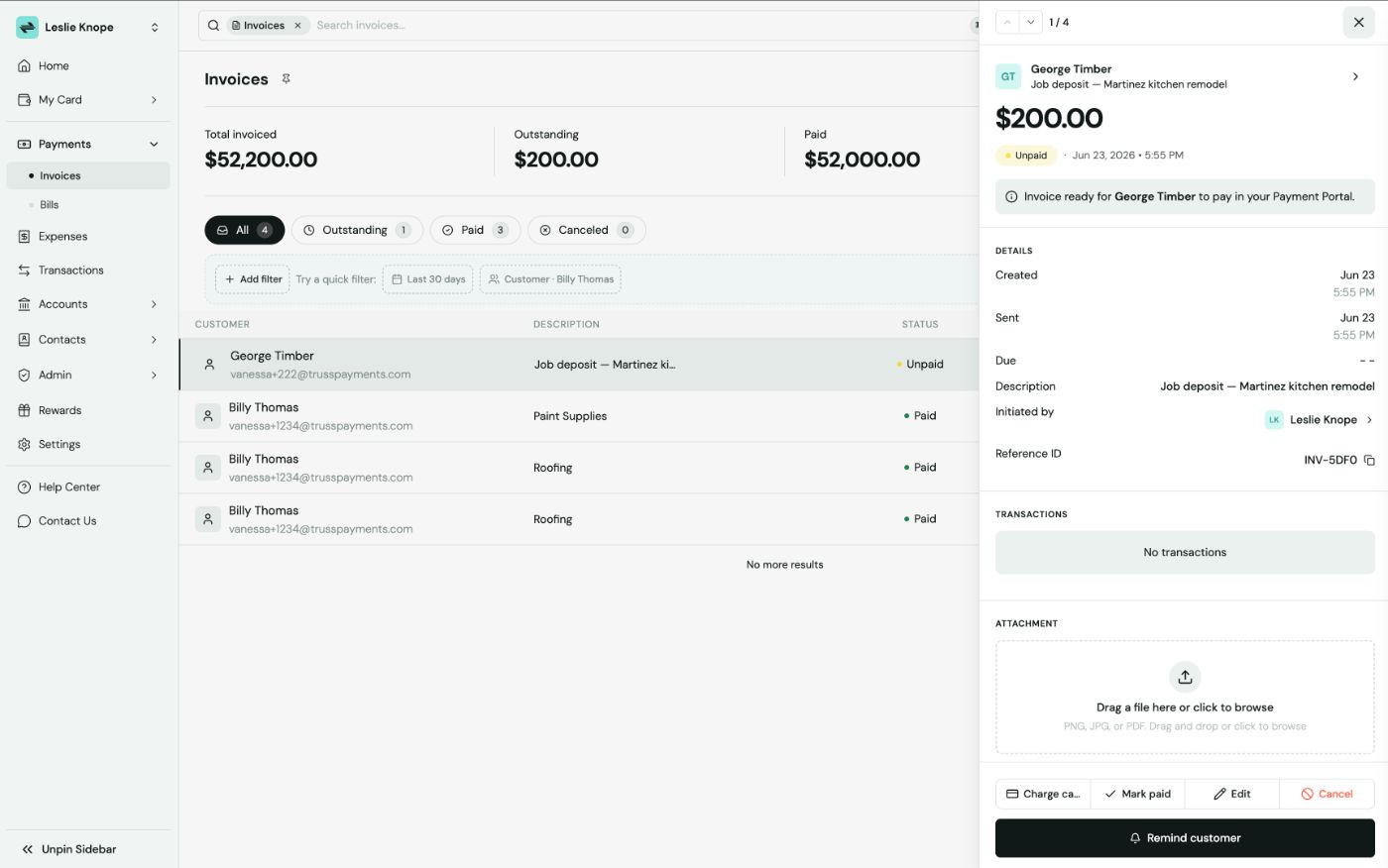 Invoices list with the unpaid George Timber invoice selected and its detail panel showing the $200.00 Unpaid amount and a Remind customer button