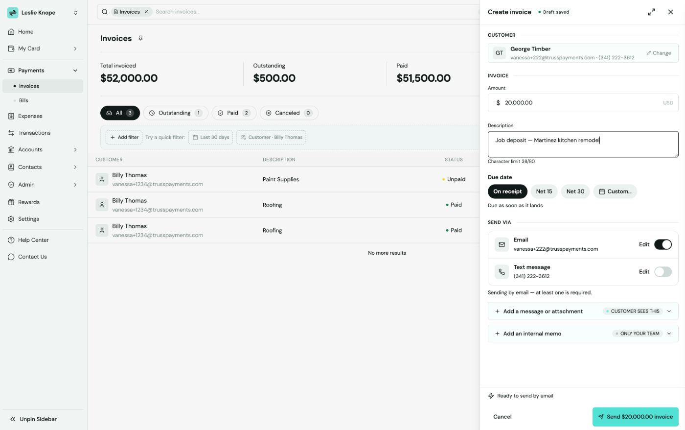Create invoice panel with George Timber as customer, Amount field set to $20,000.00, a description, On receipt due date, and Email enabled under Send via