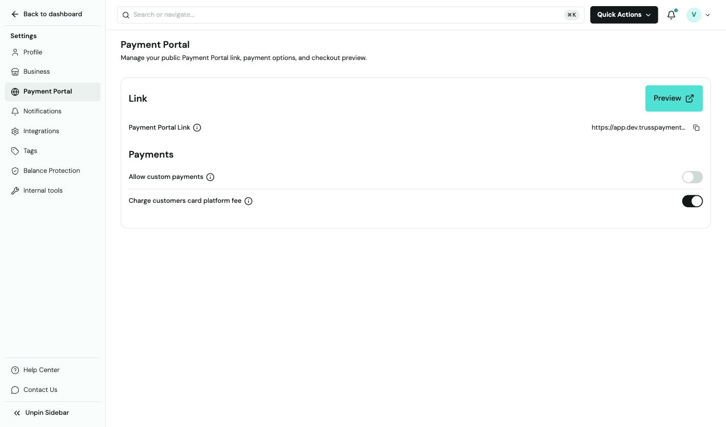 Página de configuración del Portal de Pagos que muestra el enlace, el interruptor de pagos personalizados y el interruptor de comisión de plataforma activado