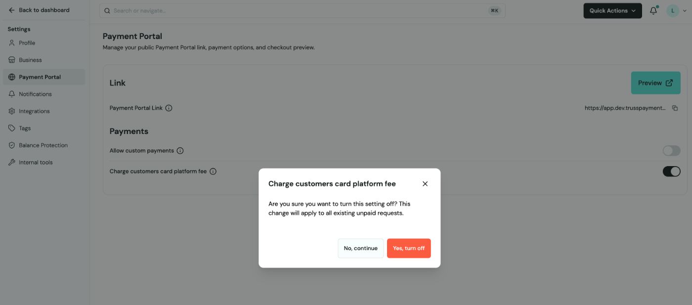 Cuadro de confirmación del interruptor de comisión de plataforma que pregunta si quieres desactivar la configuración, con los botones No, continue y Yes, turn off