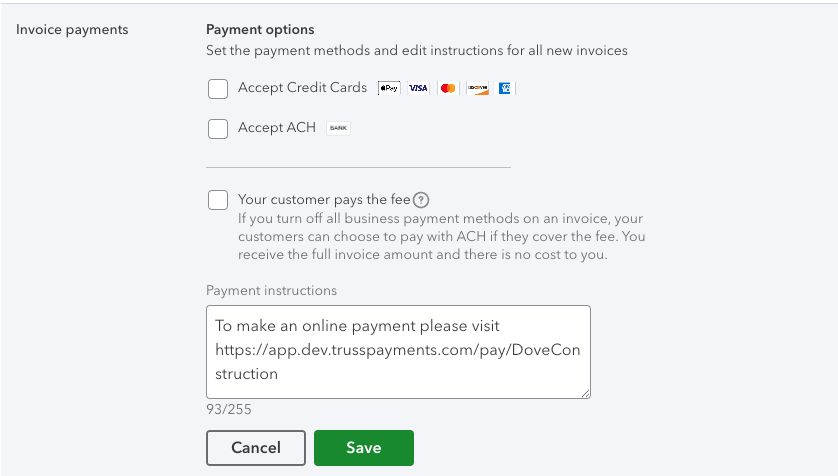 Opciones de pago de factura con Accept Credit Cards y Accept ACH sin marcar y el enlace del portal de Truss en el campo Payment instructions