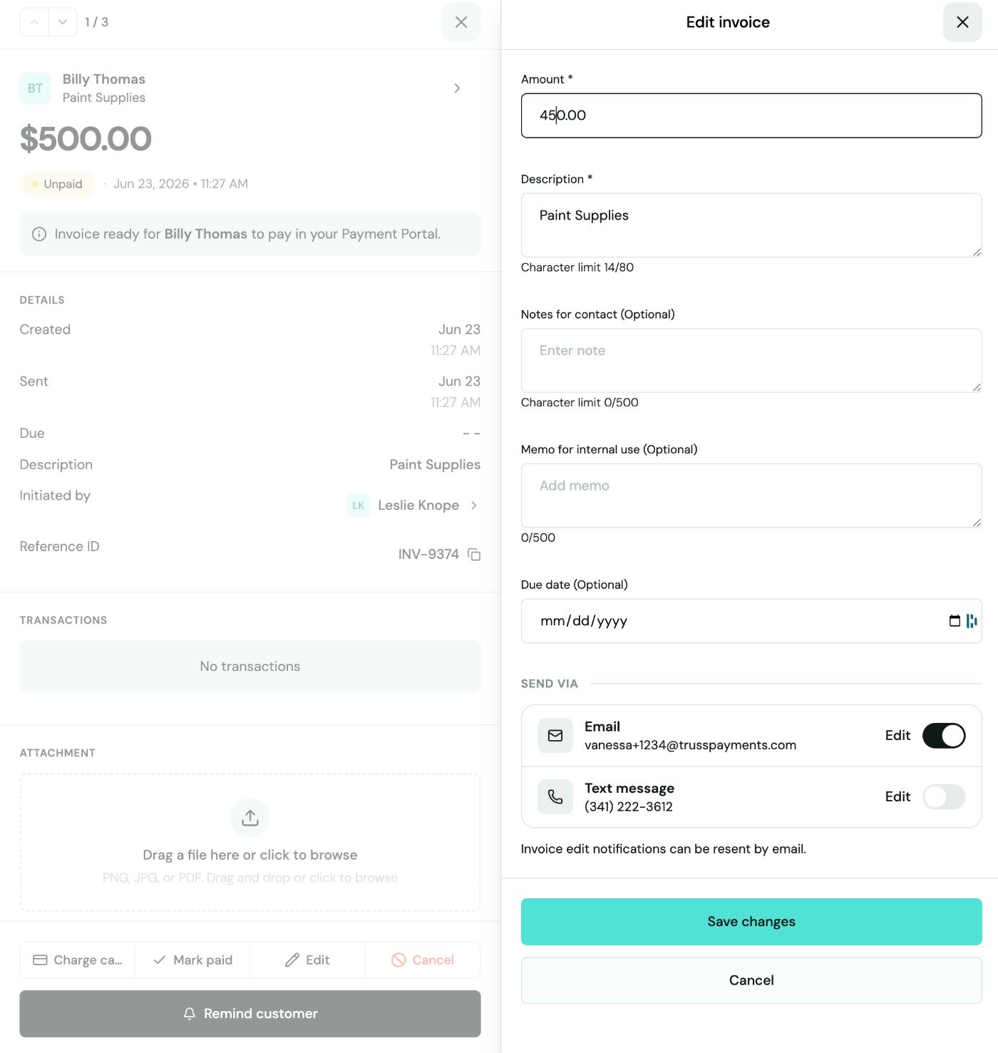 Panel lateral Edit invoice con Amount, Description, notas, fecha de vencimiento y opciones de envio por Email y Text message junto al detalle de la factura