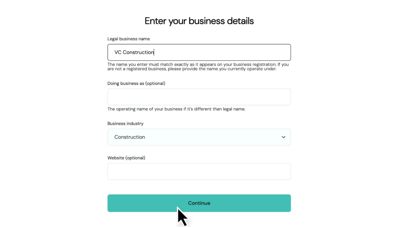 Paso de registro de Truss "Enter your business details" con los campos Legal business name, Doing business as (opcional), Business industry en Construction y Website (opcional)