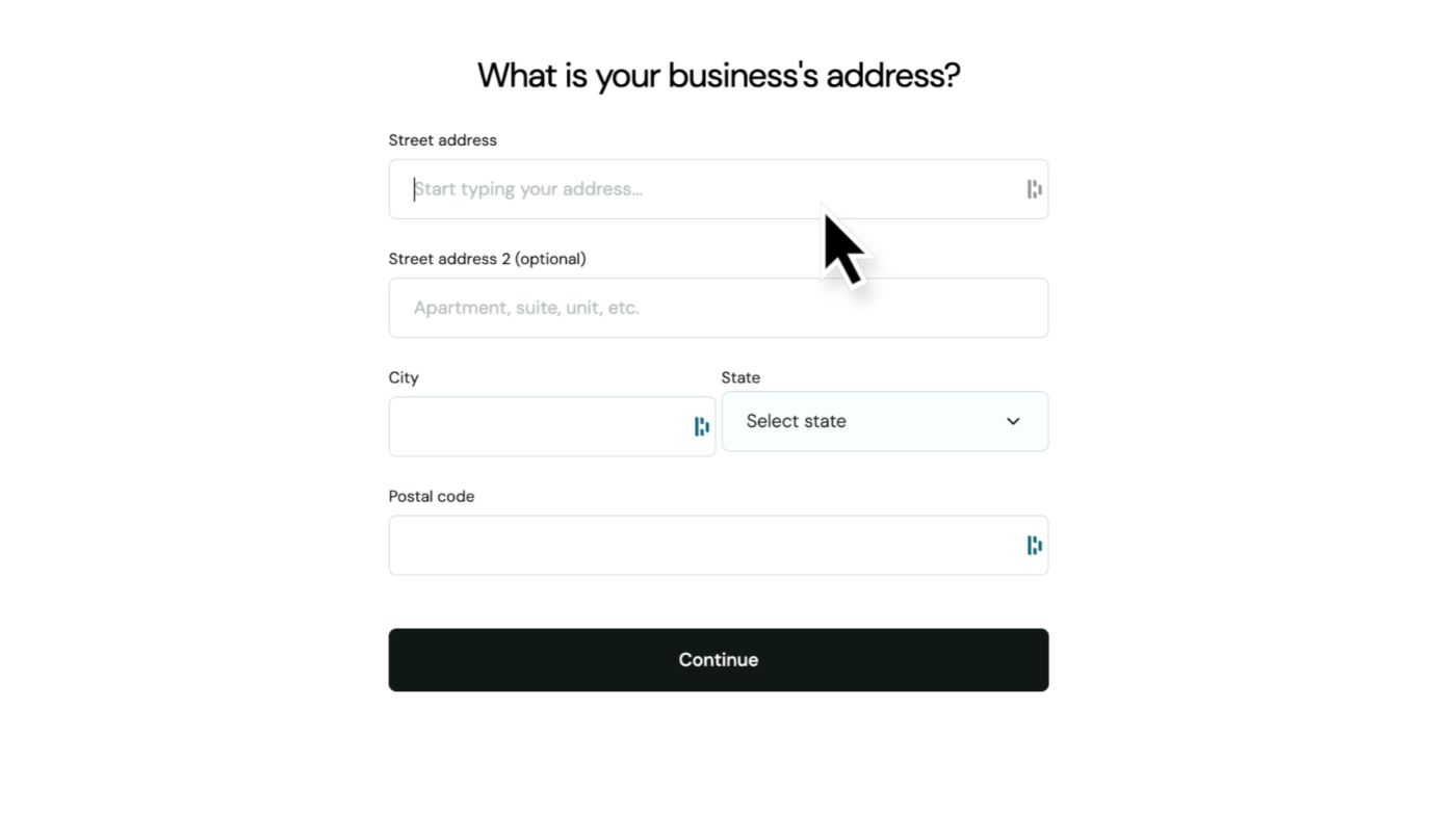Paso de registro de Truss "What is your business's address?" con los campos Street address, City, State y Postal code vacíos y un botón Continue