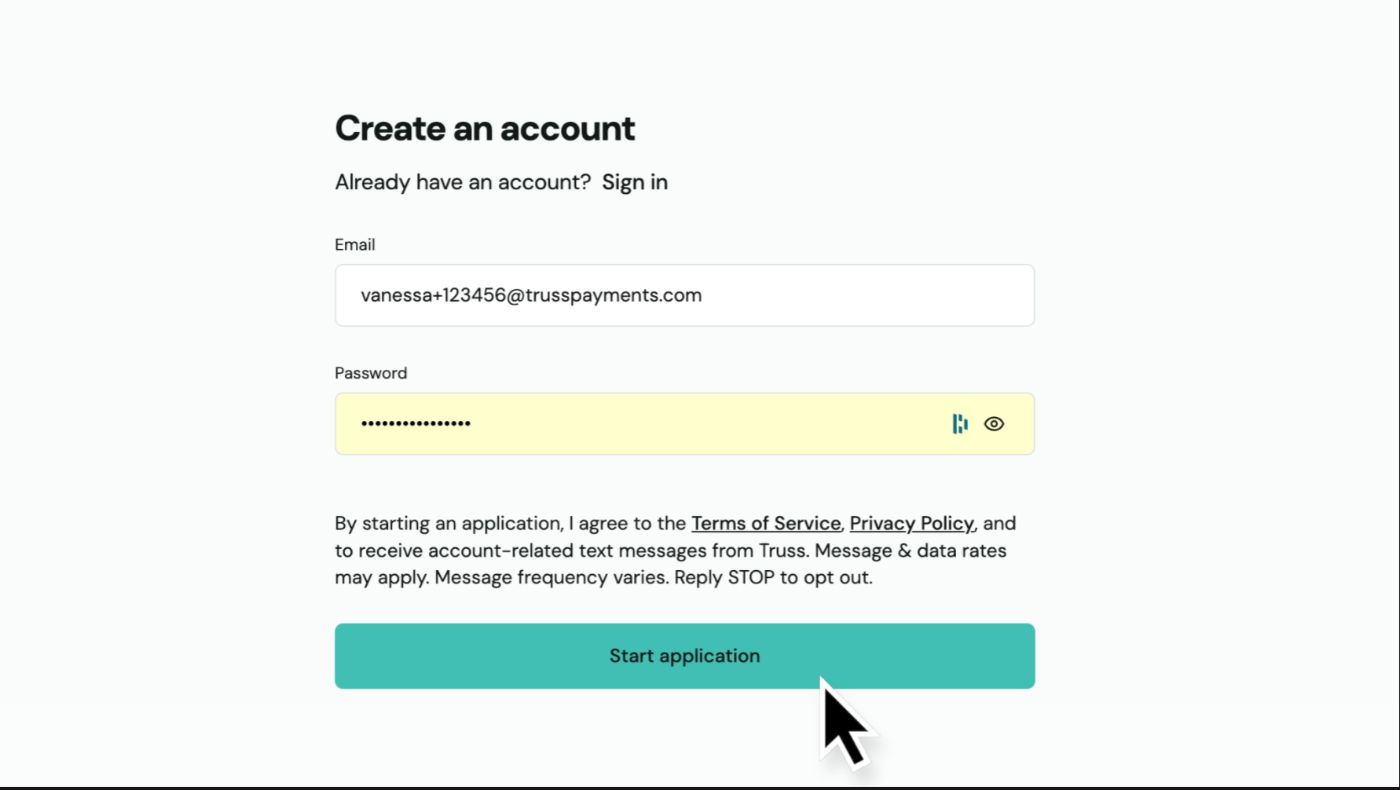 Página "Create an account" de Truss con el correo y la contraseña completados y el cursor haciendo clic en el botón Start application