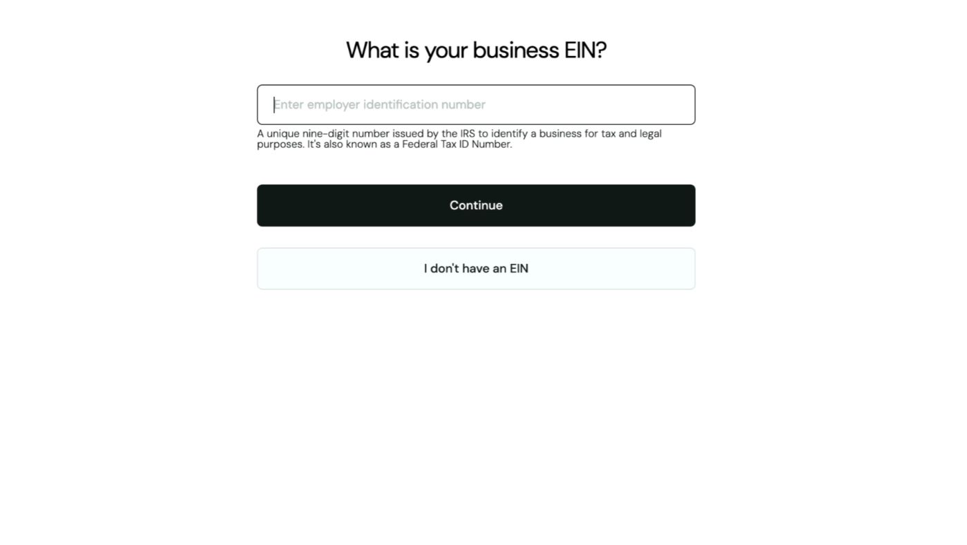 Paso de registro de Truss "What is your business EIN?" con el campo del número de identificación del empleador vacío, el botón Continue y la opción "I don't have an EIN"