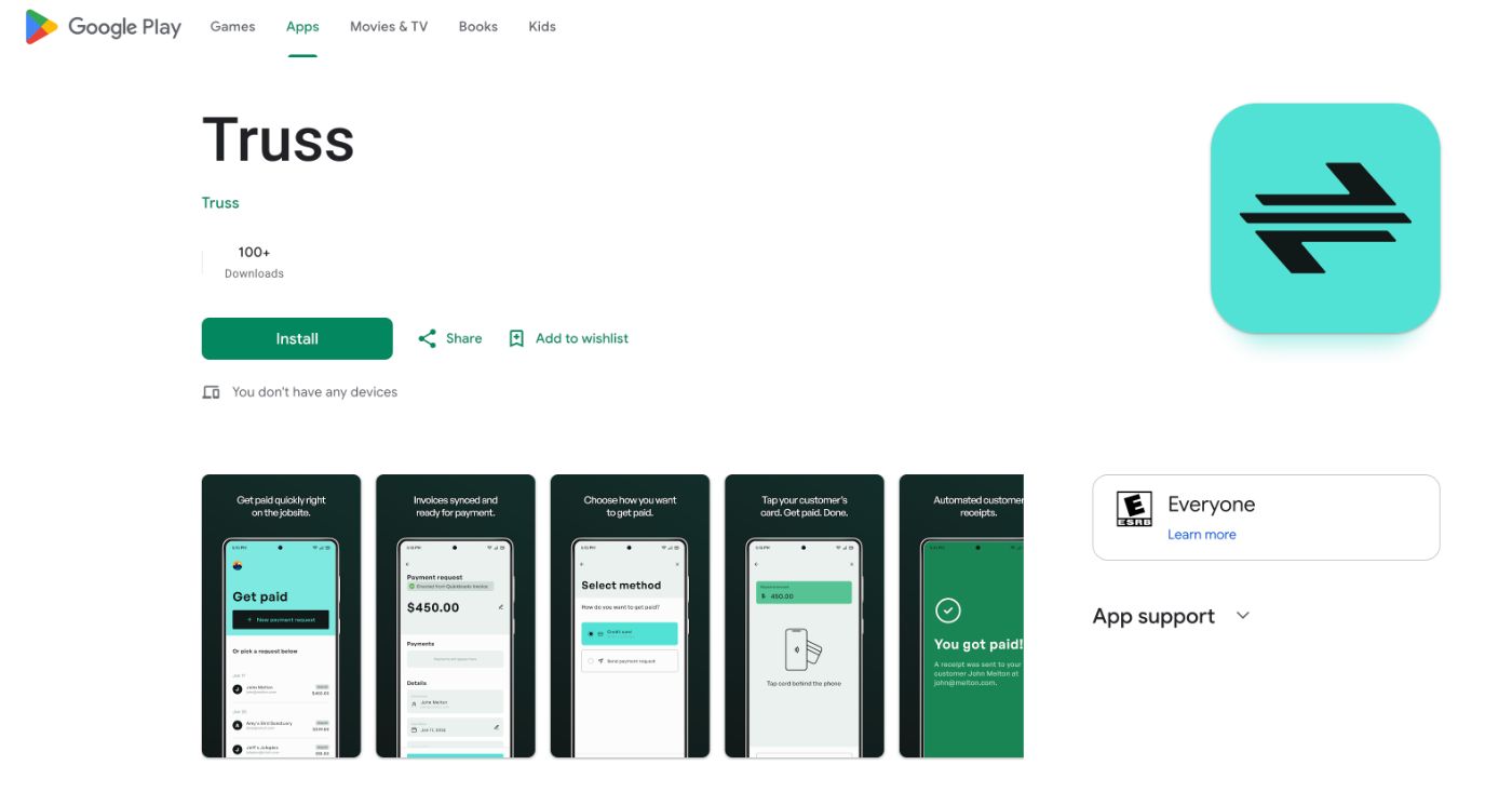 Google Play Store listing for the Truss app showing the green Install button, Everyone rating, and preview screenshots of getting paid and Tap to Pay