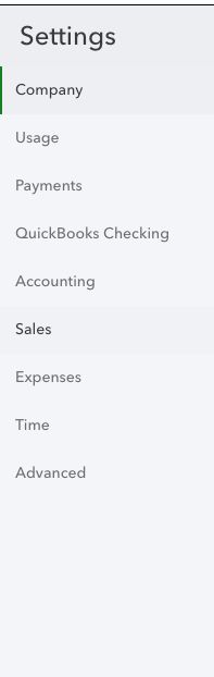 Navegacion lateral izquierda de Settings de QBO que lista Company, Usage, Payments, Sales y otras secciones