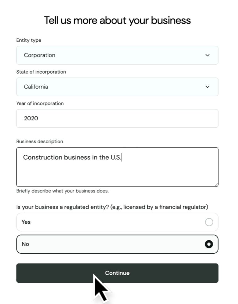 Paso de registro de Truss "Tell us more about your business" que muestra Entity type en Corporation, State of incorporation en California, Year 2020, una descripción del negocio y una selección Yes/No sobre si es una entidad regulada