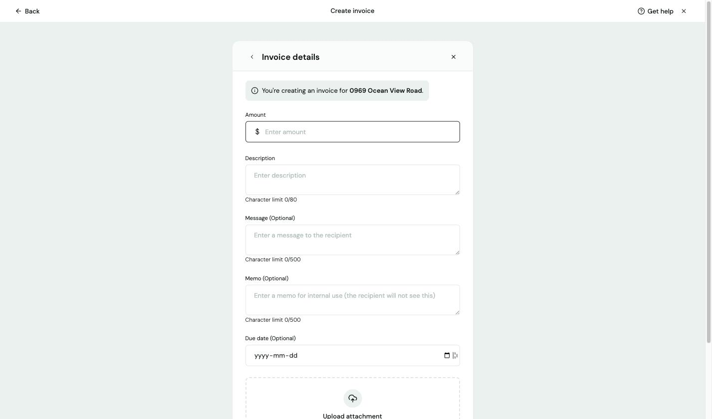Create invoice panel with fields for amount, description, message, memo, and due date
