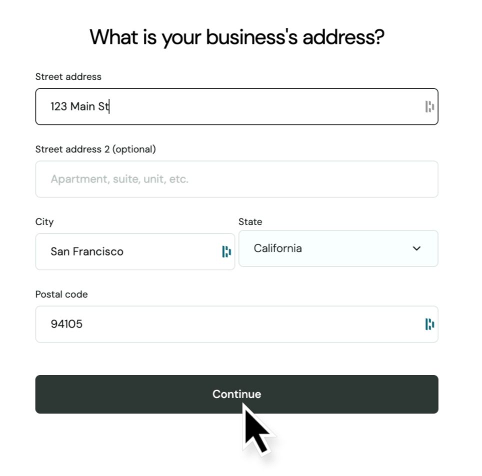 Paso de registro de Truss "What is your business's address?" completado con la dirección, ciudad, estado y código postal, además del botón Continue