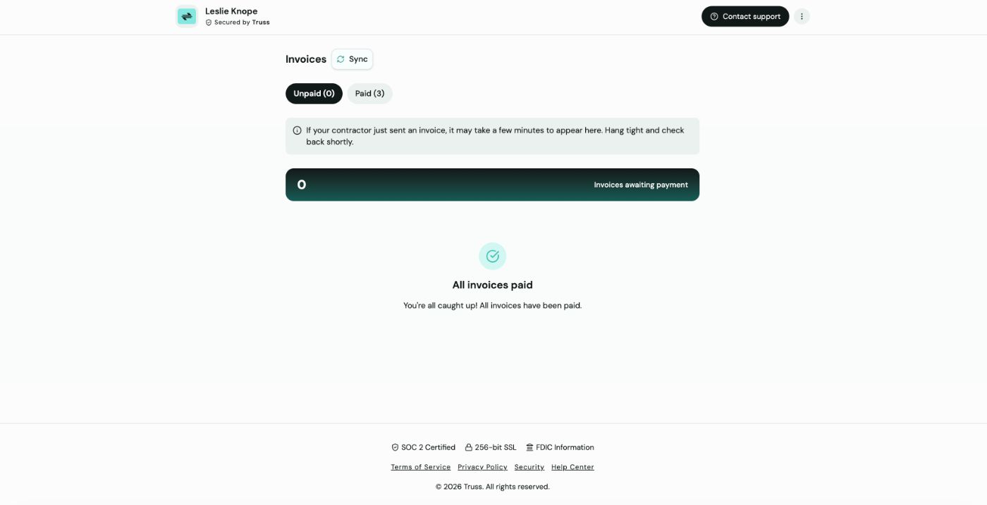 Customer invoice portal with the Unpaid tab selected showing zero invoices awaiting payment and an All invoices paid empty state