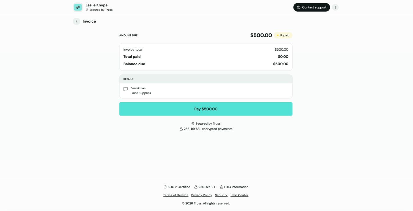 Truss-hosted Invoice page branded with the company name, showing the $500.00 amount due, invoice total and balance breakdown, and a Pay $500.00 button