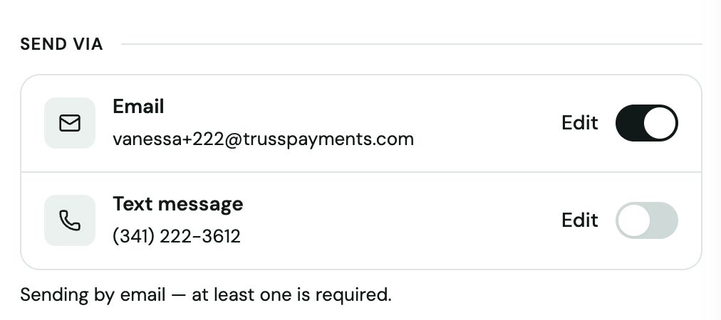 Send via section showing Email toggle enabled and Text message toggle off, each with an Edit option