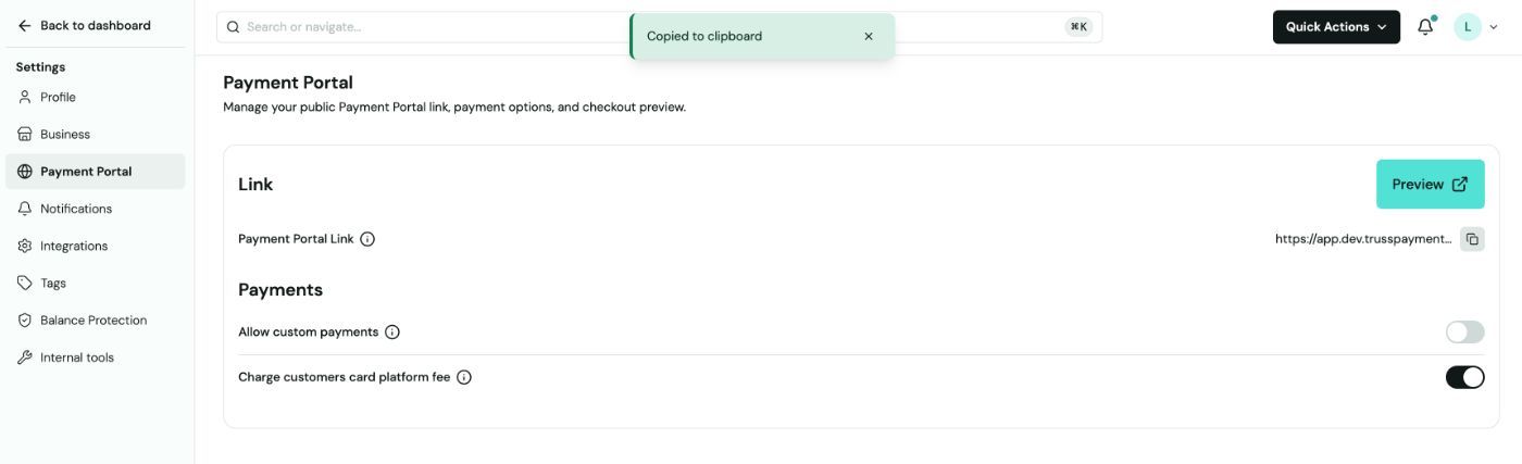 Payment Portal settings page with a Copied to clipboard confirmation banner after copying the portal link