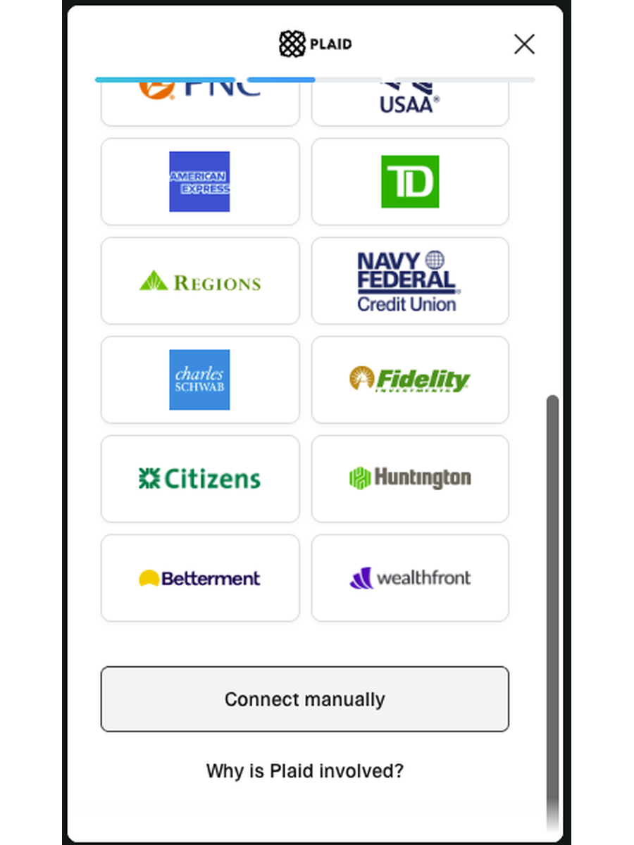 Plaid modal scrolled further showing more banks and a Connect manually button