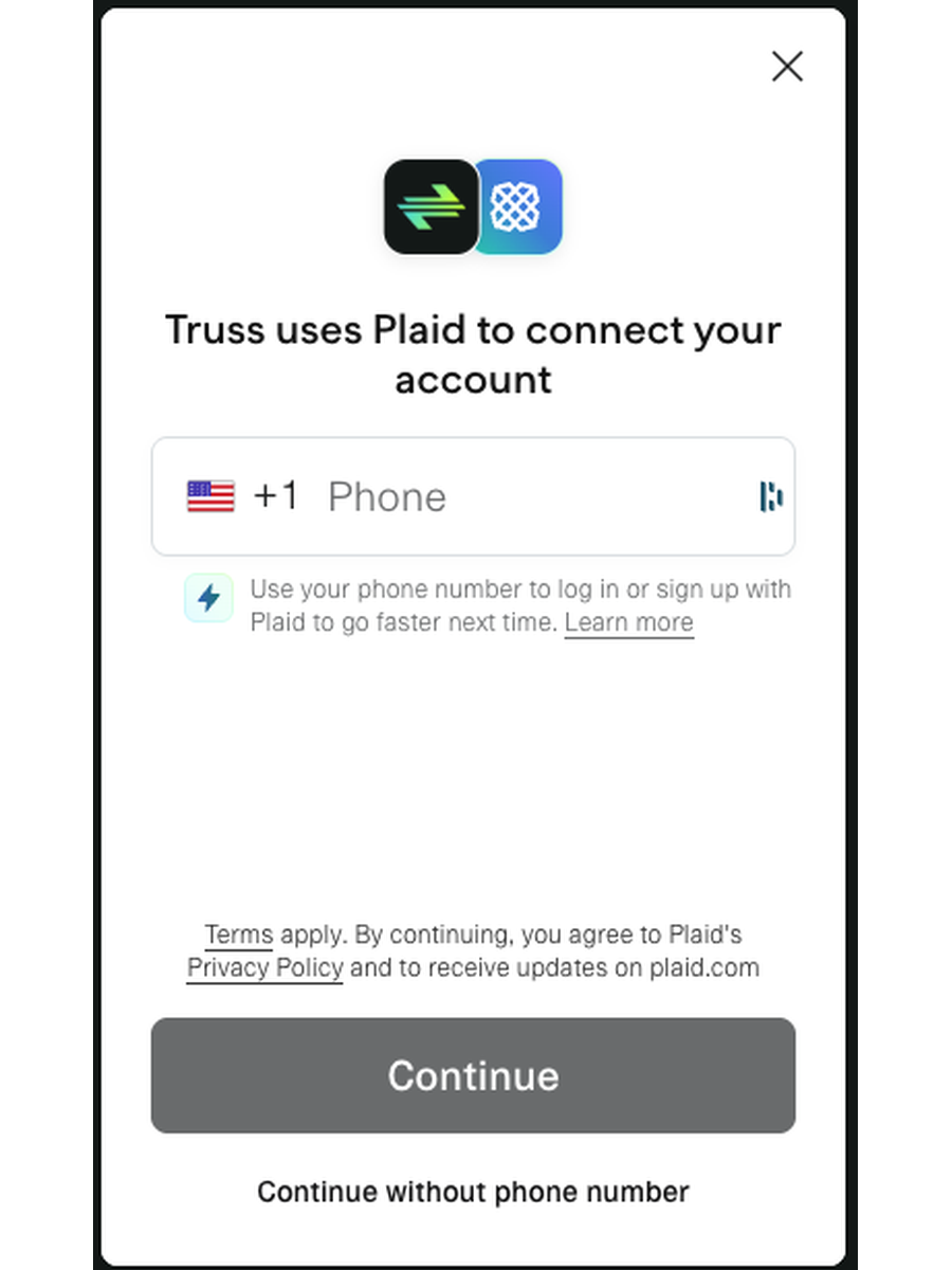 Plaid modal asking for a phone number to connect your account, with a Continue without phone number option
