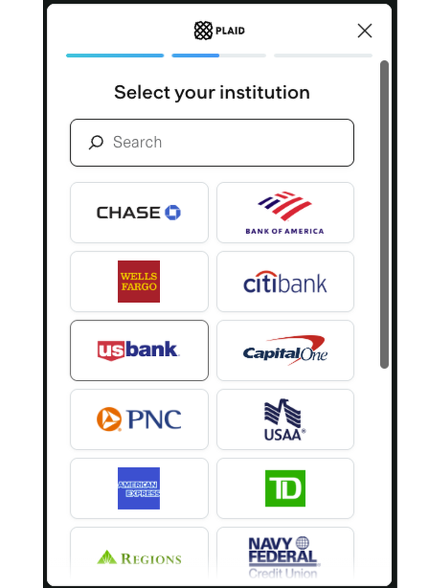 Plaid modal to select your institution, showing a search bar and bank logos like Chase, Bank of America, and Wells Fargo