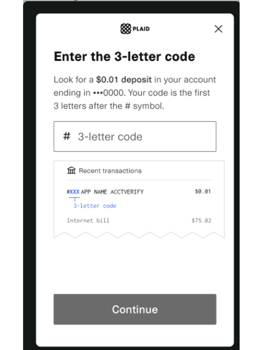 Plaid modal asking for the 3-letter code from a $0.01 verification deposit to finish linking the account