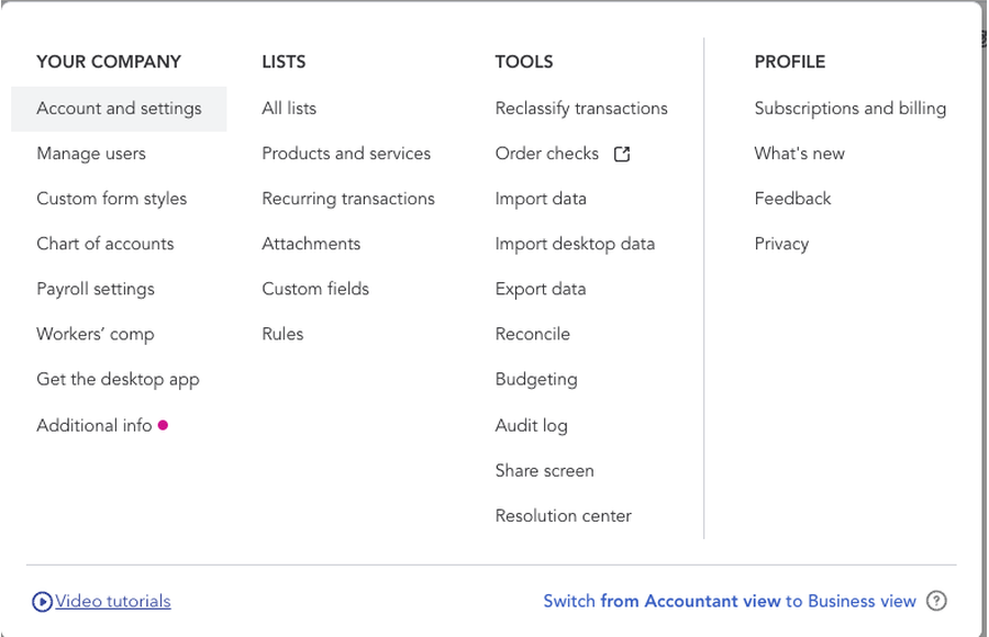Menú del ícono de engrane de QuickBooks Online con Account and settings resaltado