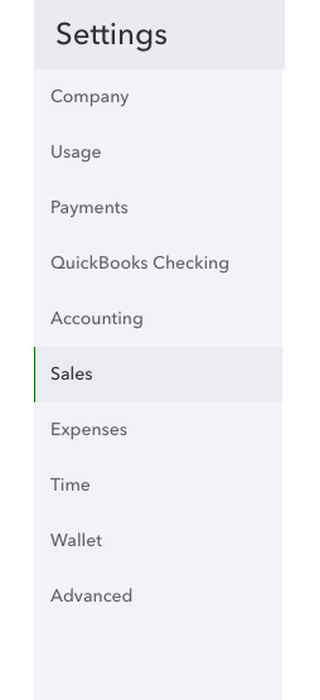 Barra lateral de Account and Settings de QuickBooks Online con Sales seleccionado