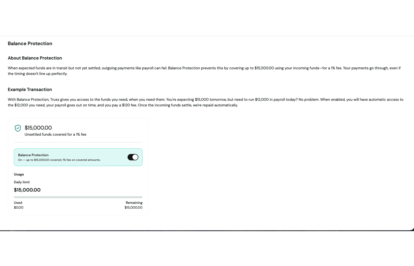 Settings → Balance Protection page showing the About and Example Transaction explainers, the on/off toggle, and daily Usage bar