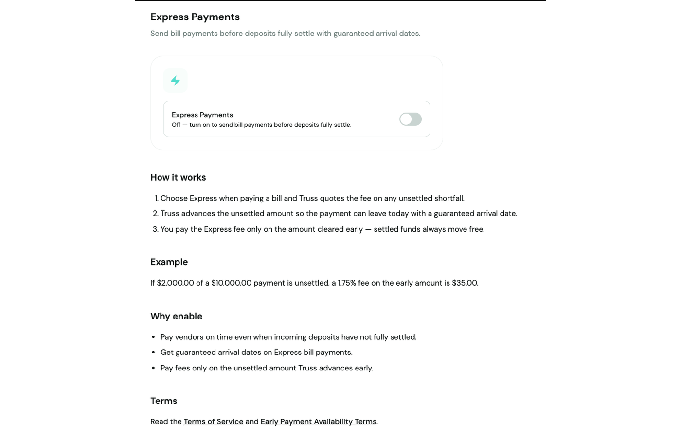 Settings → Express Payments page showing the on/off toggle, How it works steps, and a worked example