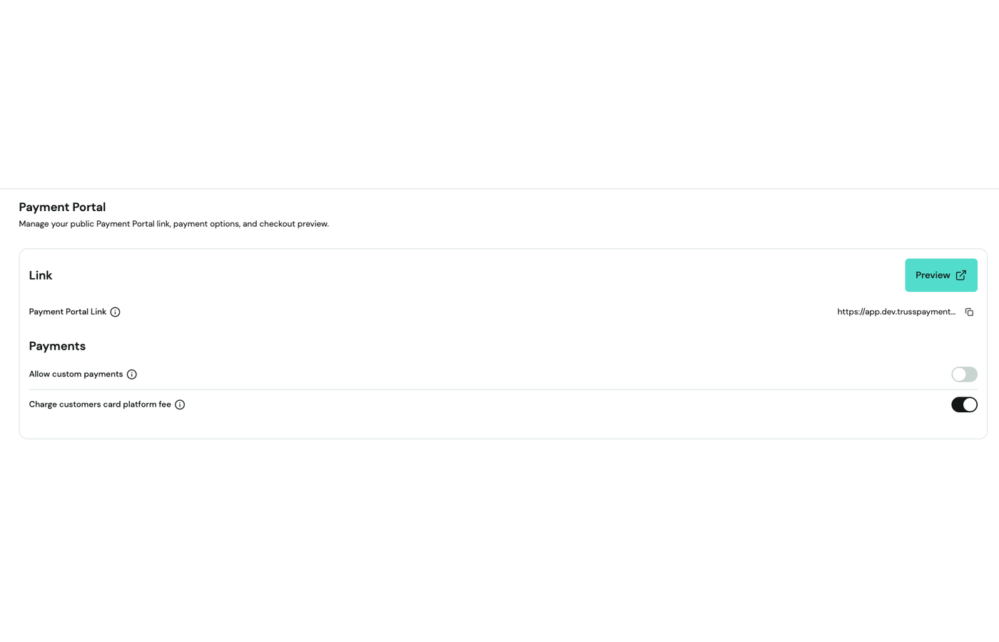 Settings → Payment Portal page showing the Payment Portal Link and Payments toggles