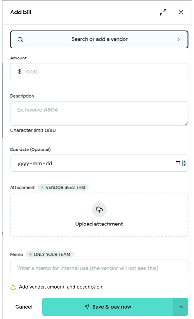Truss Add bill form with vendor search, amount, description, due date, attachment, and memo fields