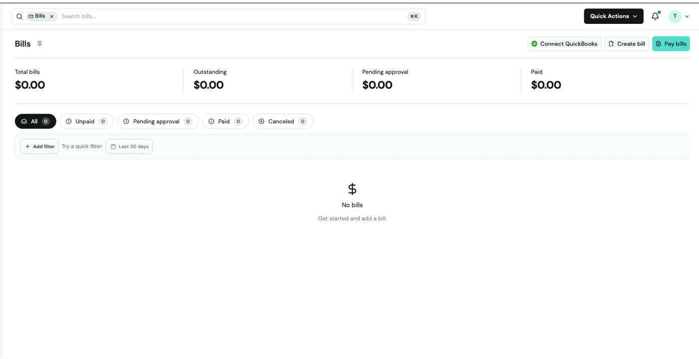 Truss Bills page showing totals, filters, and the Create bill button