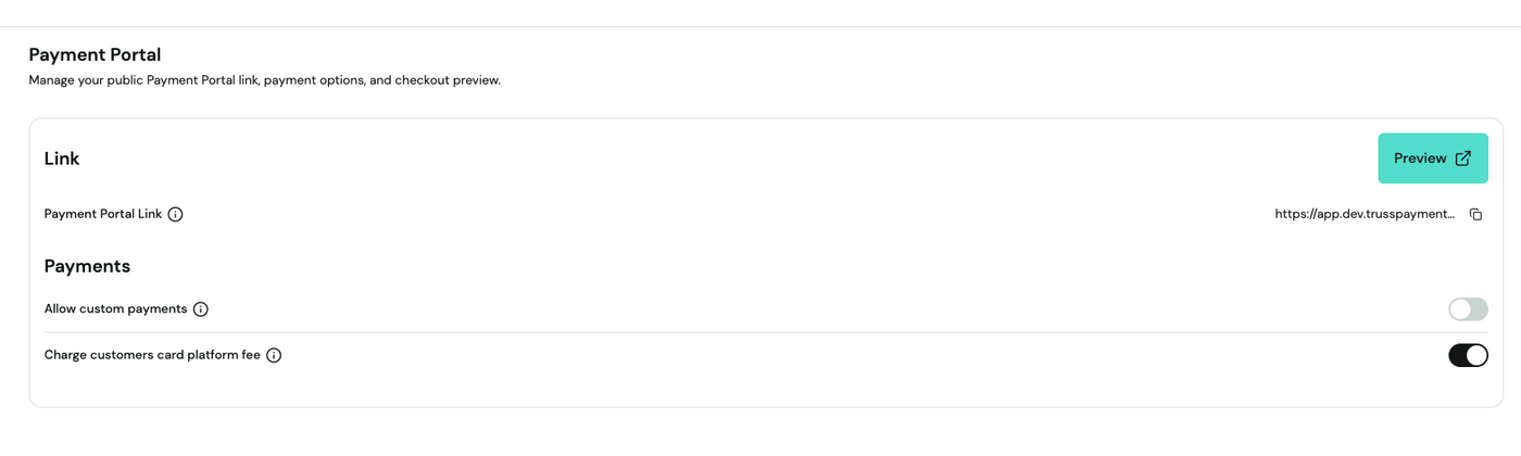 Truss Settings → Payment Portal screen after the link has been set and is active