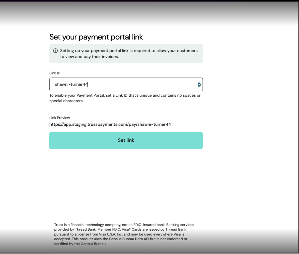 Truss Payment Portal panel with a Link ID entered and a Link Preview URL shown
