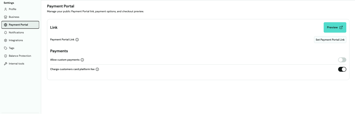 Truss Settings → Payment Portal screen with the Set Payment Portal Link button