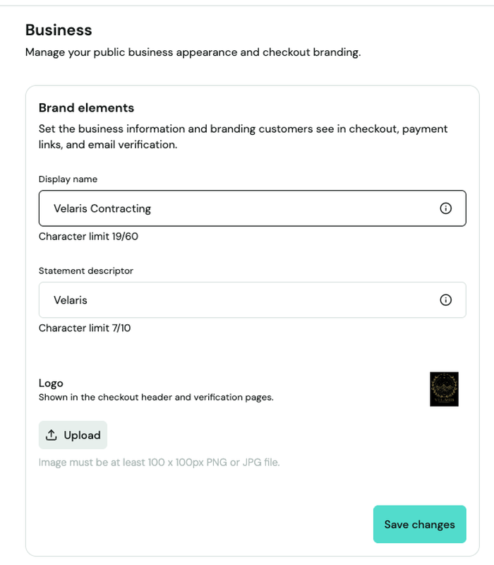 Truss Settings → Business screen showing the brand elements and logo upload field
