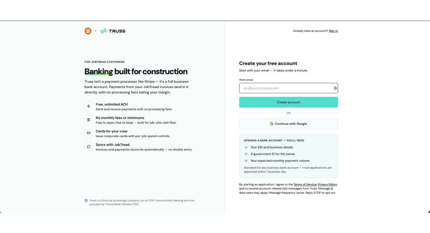 Truss sign-up screen for creating a new account
